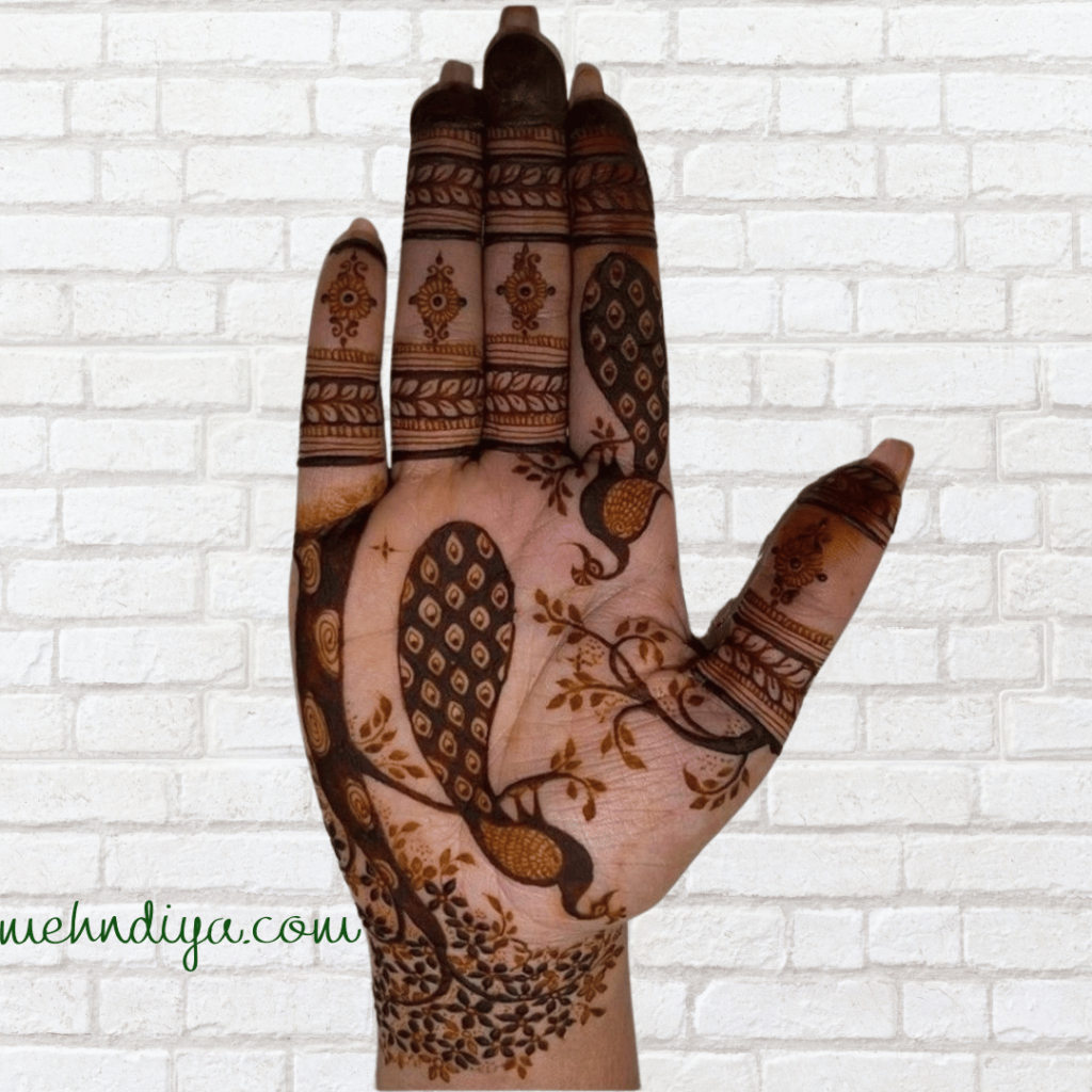 beautiful peacock henna design with feather