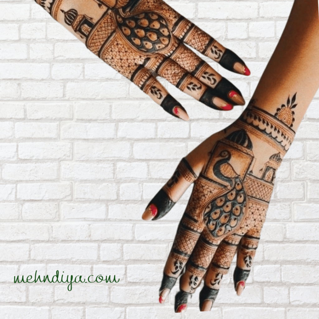 peacock henna backhand for bride hands