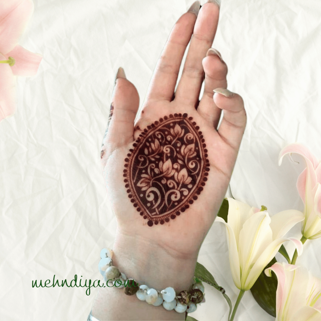simple henna design modern round circle on hand embodied with flowers