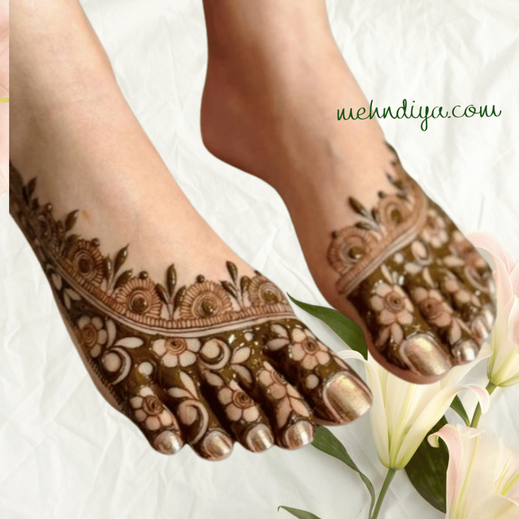bride feet and fingers covered with modern aesthetic patterns and half feet design in elegant way