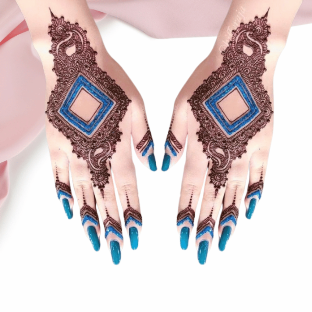 Colorful henna pattern covering backhand