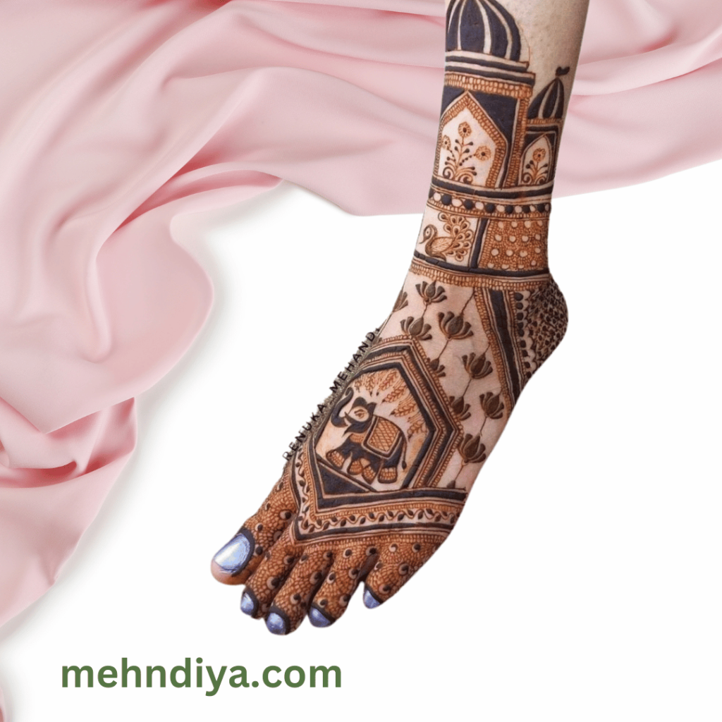 Modern henna style for bride full feet covered with umbrella traditional design