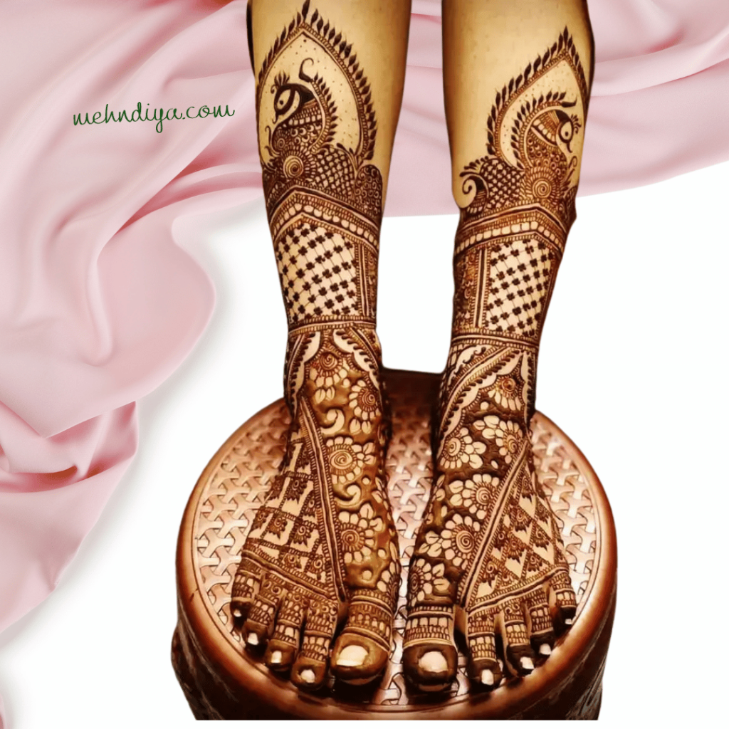 Bride feets and legs covered with henna with beautiful pattern