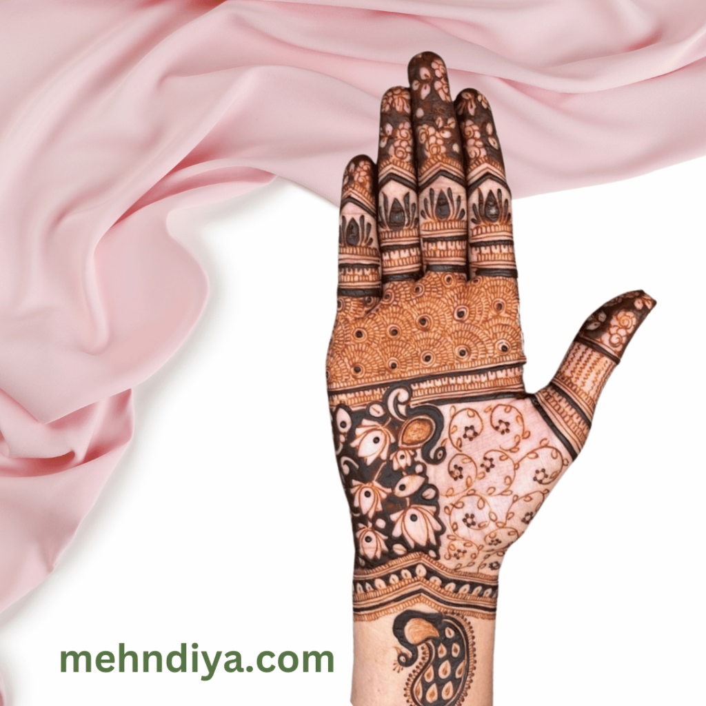 modern peacock henna design whole hand covered with beautiful pattern