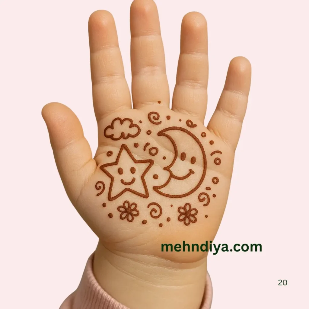 Rare collection of kids Mehndi (Henna tattoo) , cartoons,flowers,stars,leafy cute designs 14 kids moon and star henna designs that you would love.