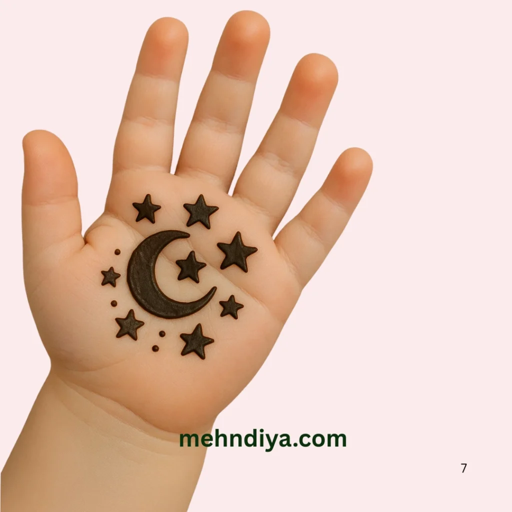 Rare collection of kids Mehndi (Henna tattoo) , cartoons,flowers,stars,leafy cute designs 12 stars and moon design of henna for kids you would love the most