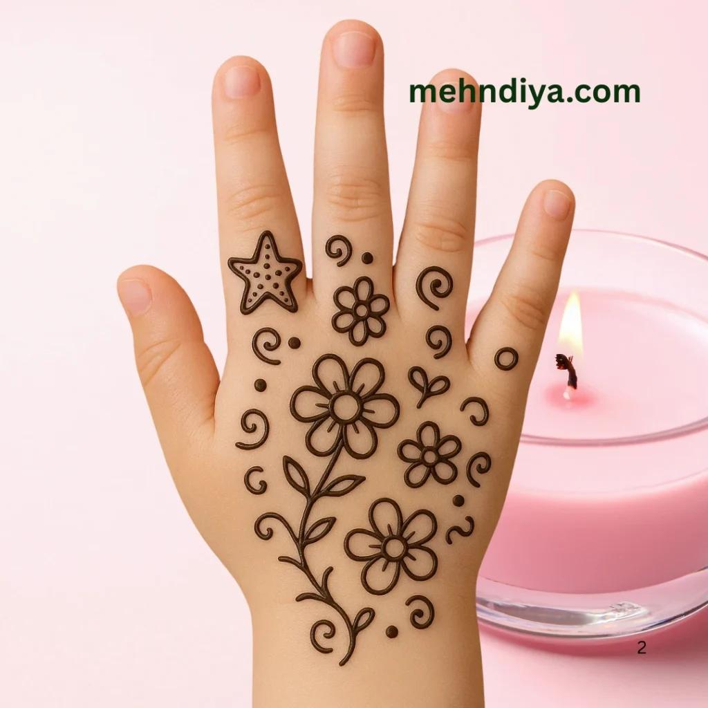 Rare collection of kids Mehndi (Henna tattoo) , cartoons,flowers,stars,leafy cute designs 11 kids henna tattoo idea ( kids mehndi design with doodles i.e stars,flowers etc)
