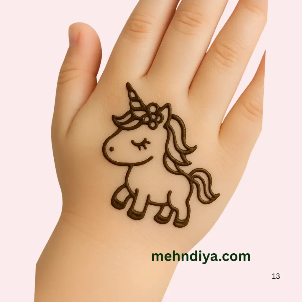 Easy simple mehndi designs for kids' step by step tutorial 7 Unicorn mehndi design for little girls’ hands