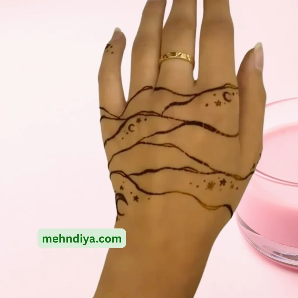 This image features aesthetic unique mehndi designs with intricate yet modern patterns. Delicate lines, creative motifs, and balanced spacing give a graceful and artistic look, perfect for festive or special occasions.