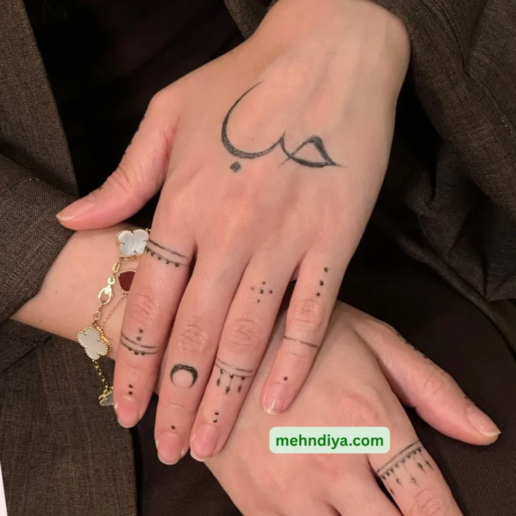 This image displays simple name aesthetic mehndi designs, featuring clean lines and minimal motifs surrounding the name. The design is elegant and personalized, creating a modern, graceful look suitable for casual or festive occasions.